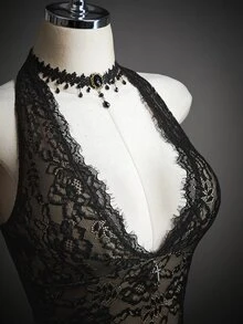 SHEIN ICON Tank Top Halter Tanpa Punggung Seksi Berenda untuk Wanita di Musim Panas - Hitam - View 10