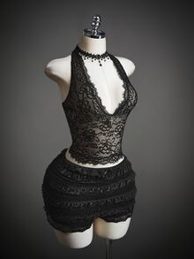 SHEIN ICON Tank Top Halter Tanpa Punggung Seksi Berenda untuk Wanita di Musim Panas - Hitam - View 13