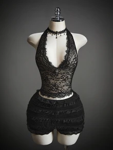 SHEIN ICON Tank Top Halter Tanpa Punggung Seksi Berenda untuk Wanita di Musim Panas - Hitam - View 9