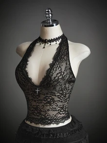 SHEIN ICON Tank Top Halter Tanpa Punggung Seksi Berenda untuk Wanita di Musim Panas - Hitam - View 14