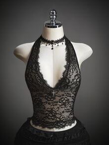 SHEIN ICON Tank Top Halter Tanpa Punggung Seksi Berenda untuk Wanita di Musim Panas - Hitam - View 6