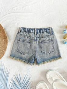 SHEIN Tween Girl Y2K Spring Summer Break Light Washed High Waist Ripped Raw Hem Denim Shorts With Raw Hem, Summer Beach Boho Vacation Shorts, Summer Concert Festival Casual Rave, Brunch Graduation - Medium Wash - View 2