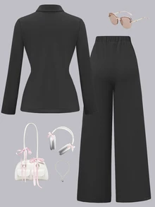 SHEIN 青少年女孩秋季套裝 2件/套 黑色正式西裝外套套裝，時尚單排扣西裝搭配蝴蝶結裝飾與寬腿長褲 - 黑色 - 查看 3