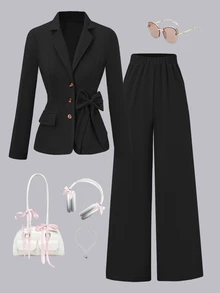 SHEIN 青少年女孩秋季套裝 2件/套 黑色正式西裝外套套裝，時尚單排扣西裝搭配蝴蝶結裝飾與寬腿長褲 - 黑色 - 查看 4