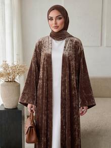 Celisse Women's Brown Velvet Wide Sleeve Muslim Abaya, Regular Fit Spring/Autumn Jacket, Elegant & Luxurious Commuter Style - Brown - View 7
