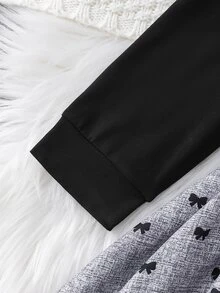 SHEIN 女童休閒仙女公主風黑色拼接長袖圓領收腰洋裝，蝴蝶結圖案下擺，適合7歲與3歲生日，秋季穿著 - 灰色 - 查看 4
