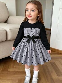 SHEIN 女童休閒仙女公主風黑色拼接長袖圓領收腰洋裝，蝴蝶結圖案下擺，適合7歲與3歲生日，秋季穿著 - 灰色 - 查看 3