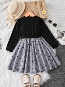 SHEIN 女童休閒仙女公主風黑色拼接長袖圓領收腰洋裝，蝴蝶結圖案下擺，適合7歲與3歲生日，秋季穿著 - 灰色 - 查看 2