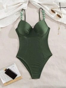 Swim Chiccia 1pc Solid Color Push Up Padded Swimsuit With Underwire, Elegant For Beach, Pool Party - Army Green - View 5