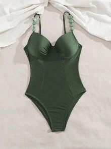 Swim Chiccia 1pc Solid Color Push Up Padded Swimsuit With Underwire, Elegant For Beach, Pool Party - Army Green - View 6