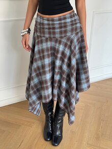 SHEIN Tall CURVE 大码女式格子腰部褶皱不对称下摆半身裙 - 彩色 - 查看 4