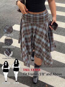 SHEIN Tall CURVE 大码女式格子腰部褶皱不对称下摆半身裙 - 彩色 - 查看 1