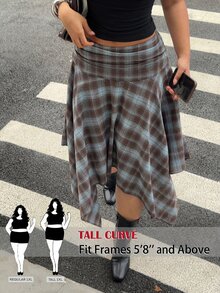 SHEIN Tall CURVE 大码女式格子腰部褶皱不对称下摆半身裙 - 彩色 - 查看 2