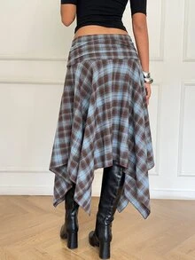 SHEIN Tall CURVE 大码女式格子腰部褶皱不对称下摆半身裙 - 彩色 - 查看 7