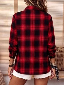 Holdful Holdful 女款格紋單排扣休閒復古寬鬆長袖襯衫 日常外出 紅黑配色 秋季 - 卡其色 - 查看 2