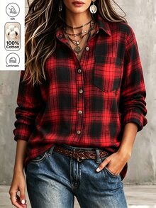 Holdful Holdful 女款格紋單排扣休閒復古寬鬆長袖襯衫 日常外出 紅黑配色 秋季 - 卡其色 - 查看 1