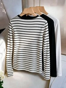 EMERY ROSE Plus Size Women's Simple Daily Versatile Ribbed Ribbed Knit Round Neck Slim Fit Long Sleeve T-Shirt Spring/Autumn 3 Pieces Set - Multicolor - View 2