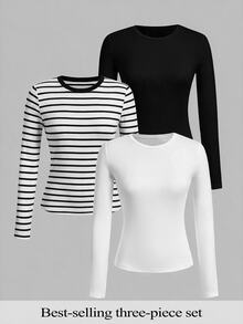 EMERY ROSE Plus Size Women's Simple Daily Versatile Ribbed Ribbed Knit Round Neck Slim Fit Long Sleeve T-Shirt Spring/Autumn 3 Pieces Set - Multicolor - View 7