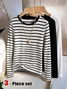 EMERY ROSE Plus Size Women's Simple Daily Versatile Ribbed Ribbed Knit Round Neck Slim Fit Long Sleeve T-Shirt Spring/Autumn 3 Pieces Set - Multicolor - View 8