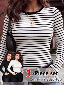 EMERY ROSE Plus Size Women's Simple Daily Versatile Ribbed Ribbed Knit Round Neck Slim Fit Long Sleeve T-Shirt Spring/Autumn 3 Pieces Set - Multicolor - View 1