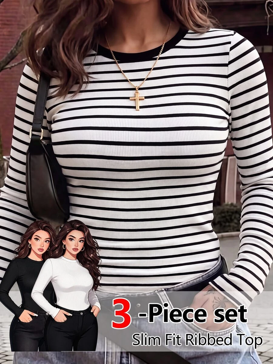 EMERY ROSE Plus Size Women's Simple Daily Versatile Ribbed Ribbed Knit Round Neck Slim Fit Long Sleeve T-Shirt Spring/Autumn 3 Pieces Set - Multicolor - View 1
