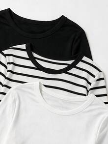 EMERY ROSE Plus Size Women's Simple Daily Versatile Ribbed Ribbed Knit Round Neck Slim Fit Long Sleeve T-Shirt Spring/Autumn 3 Pieces Set - Multicolor - View 4
