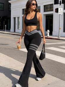 StreetHx Women's Colorblock Asymmetric Waist Flare Leggings - Black - View 7