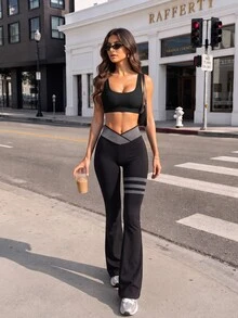 StreetHx Women's Colorblock Asymmetric Waist Flare Leggings - Black - View 5