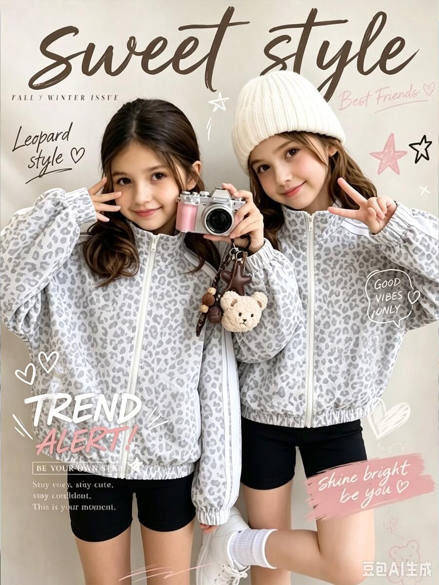 SHEIN Tween Girl Leopard Print Long Sleeve Zip-Up Casual Jacket - White - View 1