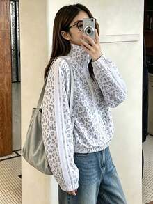 SHEIN Tween Girl Leopard Print Long Sleeve Zip-Up Casual Jacket - White - View 4