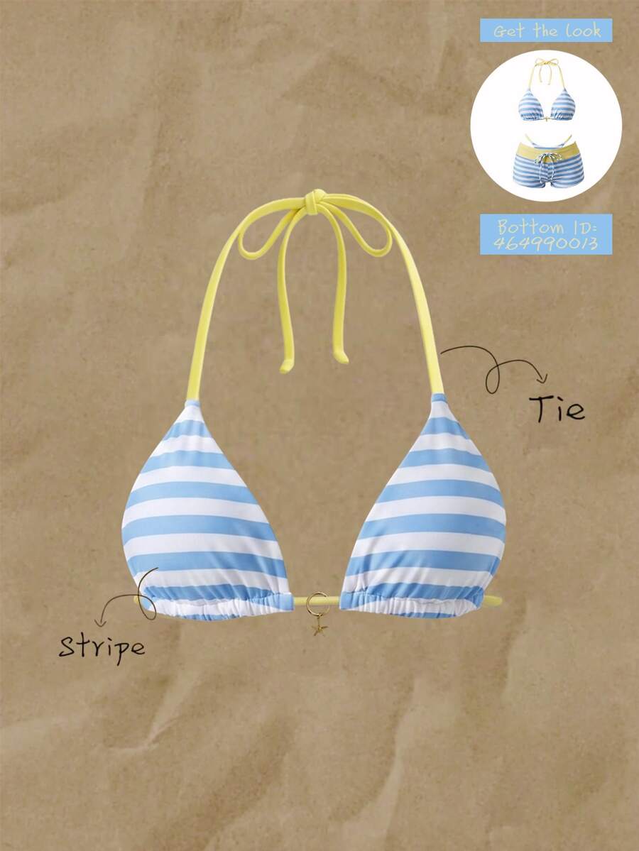 Elavelle Women's Spring/Summer Random Print Halter Bikini Top Beach Swim Light Blue Coastal Chic - Multicolor - View 1