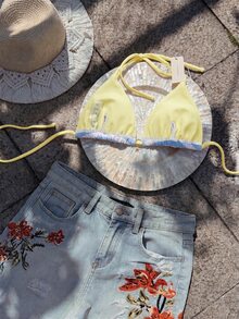 Elavelle Women's Spring/Summer Random Print Halter Bikini Top Beach Swim Light Blue Coastal Chic - Multicolor - View 3