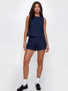 Avantive Set Denim Wanita: Atasan Longgar Tanpa Lengan dan Celana Pendek Denim, Set Dua Potong Denim Biru Tua, Set Kasual Musim Panas. - Dark Wash - View 5
