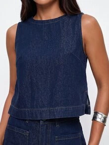 Avantive Set Denim Wanita: Atasan Longgar Tanpa Lengan dan Celana Pendek Denim, Set Dua Potong Denim Biru Tua, Set Kasual Musim Panas. - Dark Wash - View 7