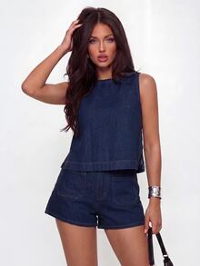 Avantive Set Denim Wanita: Atasan Longgar Tanpa Lengan dan Celana Pendek Denim, Set Dua Potong Denim Biru Tua, Set Kasual Musim Panas. - Dark Wash - View 4