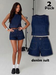 Avantive Set Denim Wanita: Atasan Longgar Tanpa Lengan dan Celana Pendek Denim, Set Dua Potong Denim Biru Tua, Set Kasual Musim Panas. - Dark Wash - View 3