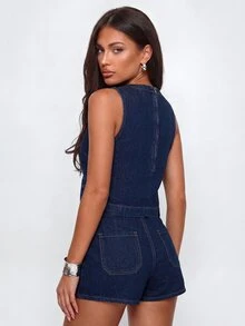 Avantive Set Denim Wanita: Atasan Longgar Tanpa Lengan dan Celana Pendek Denim, Set Dua Potong Denim Biru Tua, Set Kasual Musim Panas. - Dark Wash - View 8