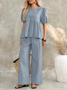 EMERY ROSE 女款燈籠袖荷葉邊短袖T恤與寬鬆寬腿長褲藍白條紋兩件套休閒早午餐度假夏季 - 藍色 - 查看 5