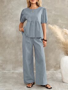 EMERY ROSE 女款燈籠袖荷葉邊短袖T恤與寬鬆寬腿長褲藍白條紋兩件套休閒早午餐度假夏季 - 藍色 - 查看 3