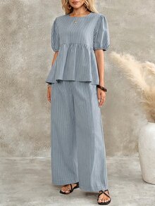 EMERY ROSE 女款燈籠袖荷葉邊短袖T恤與寬鬆寬腿長褲藍白條紋兩件套休閒早午餐度假夏季 - 藍色 - 查看 4