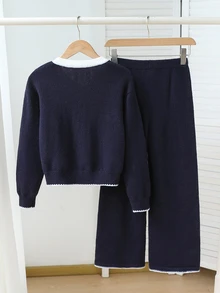 Tween Girls' Autumn/Winter Fashion Pattern Jacquard Knit Sweater Long Sleeve Pullover & Long Pants Set - Navy Blue - View 2