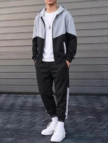 SHEIN 2件組青少年男孩童裝套裝，男孩連帽拉鍊運動衫與慢跑褲，秋冬拼接連帽衫與運動長褲兩件套，適合通勤、上學、日常休閒、大學、旅行、運動 - 黑色 - 查看 5