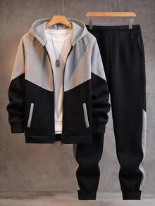 SHEIN 2件組青少年男孩童裝套裝，男孩連帽拉鍊運動衫與慢跑褲，秋冬拼接連帽衫與運動長褲兩件套，適合通勤、上學、日常休閒、大學、旅行、運動 - 黑色 - 查看 6