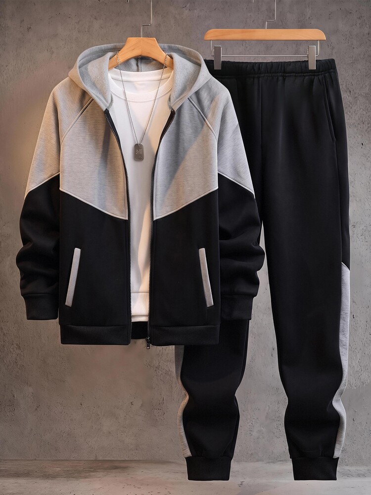SHEIN Set Pakaian Anak Laki-Laki 2 Potong, Hoodie Resleting dan Celana Jogger, Set 2 Potong Hoodie & Celana Olahraga Patchwork Musim Gugur/Dingin, Cocok untuk Perjalanan, Sekolah, Santai Sehari-hari, Kuliah, Bepergian, Olahraga - Hitam - View 5