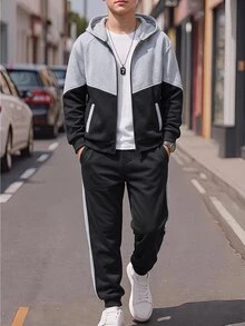 SHEIN 2件組青少年男孩童裝套裝，男孩連帽拉鍊運動衫與慢跑褲，秋冬拼接連帽衫與運動長褲兩件套，適合通勤、上學、日常休閒、大學、旅行、運動 - 黑色 - 查看 4