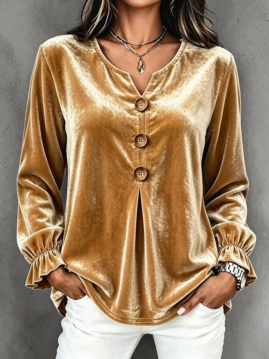 EMERY ROSE Women's Pure Velvet Notched Collar Button Decor Long Sleeve Ruffle Cuff High-End Elegant Vintage Party Brunch Gathering Khaki Workplace Autumn T-Shirt - Yellow - View 1