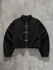 FeverCity Men's Washed Turn-Down Collar Long Sleeve Snap Button Jacket - Black - View 2