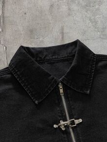 FeverCity Men's Washed Turn-Down Collar Long Sleeve Snap Button Jacket - Black - View 4