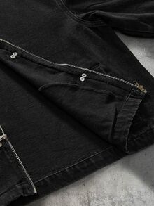FeverCity Men's Washed Turn-Down Collar Long Sleeve Snap Button Jacket - Black - View 8