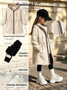SHEIN 青少年女孩連帽字母裝飾運動夾克，秋季返校上衣套裝，冬季長袖套頭夾克，黑色洋裝 - 米色 - 查看 3